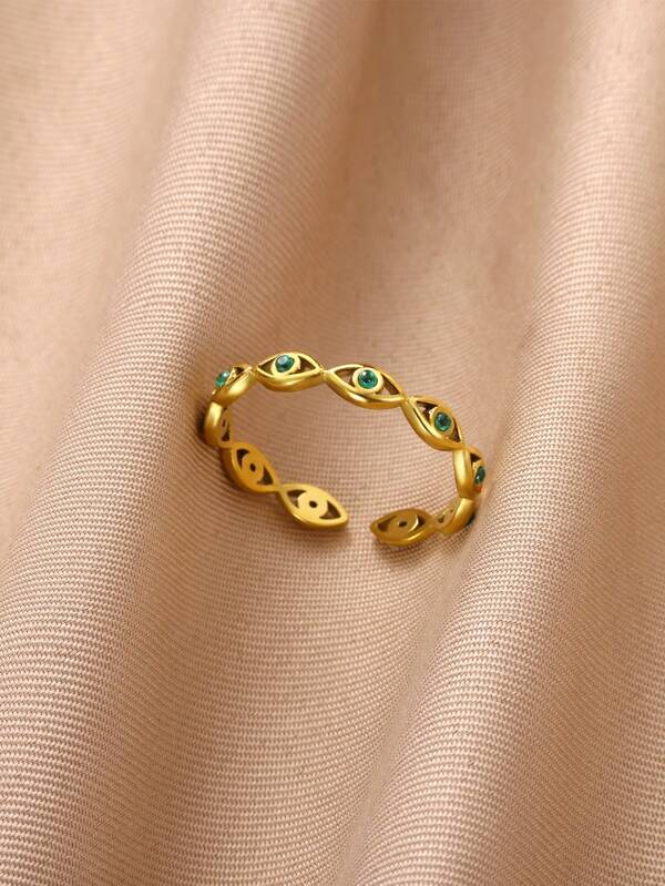 1PC Green Stone Cubic Zirconic Evil Eye Open Rings For Women Stainless Steel Gold Plated Adjsutable Finger Ring European And American Fashion Jewelry Accessories