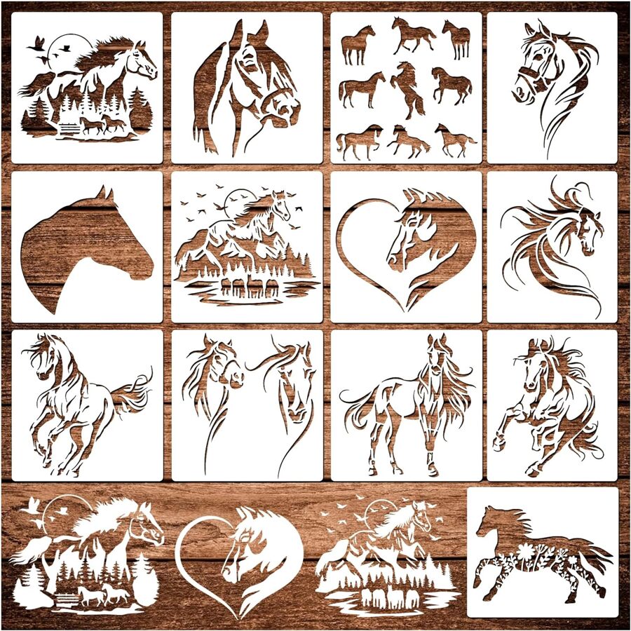 13 Khuôn tô hình ngựa để vẽ trên gỗ, mẫu thủ công mỹ nghệ ngựa tái sử dụng, khuôn tô bằng nhựa để đốt gỗ trang trại cho tường, mẫu vải canvas, khuôn tô hình động vật, mẫu khuôn tô đốt gỗ, khuôn tô tái sử dụng để vẽ trên gỗ, đồ thủ công trang trí tường, trở lại trường, đồ dùng học tập - trắng - Xem 1
