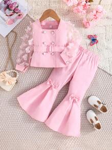 年轻女孩春秋时尚套装，网眼刺绣长袖上衣配腰带和喇叭裤配精致蝴蝶结，优雅正式 2 件套 - 粉色 - 查看 1