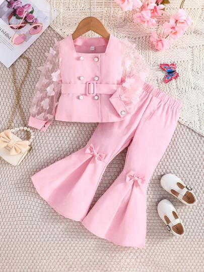 Young Girl Spring/Autumn Fashion Set, Mesh Embroidered Long Sleeve Top With Belt And Flared Trousers With Delicate Bowknot, Elegant And Formal 2pcs