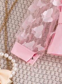 年轻女孩春秋时尚套装，网眼刺绣长袖上衣配腰带和喇叭裤配精致蝴蝶结，优雅正式 2 件套 - 粉色 - 查看 4