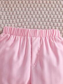 年轻女孩春秋时尚套装，网眼刺绣长袖上衣配腰带和喇叭裤配精致蝴蝶结，优雅正式 2 件套 - 粉色 - 查看 7