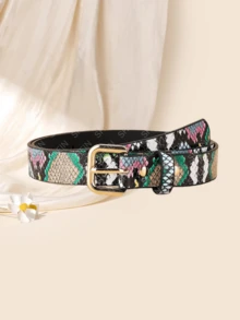 Cinturón para mujer con hebilla cuadrada, estilo minimalista, versátil para vaqueros, con patrones de grano aleatorios - Multicolor - Ver 2