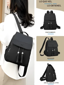 Mochila De Gran Capacidad Para Estudiantes Con Cubierta Abatible Y Correa Para El Hombro Para con cordón de solapa clásica, minimalista con gran capacidad para portátil, trabajo casual de negocios para mujeres, resistente al agua, adecuada para bolsa funcional de viaje universitaria para la escuela, capacidad grande, portátil, compartimento para portátil, para adolescentes, mujeres, estudiantes universitarios, hombres, colegio, escuela primaria, escuela media, escuela secundaria, trabajo, negocios, viajes, salida al aire libre. - Negro - Ver 3