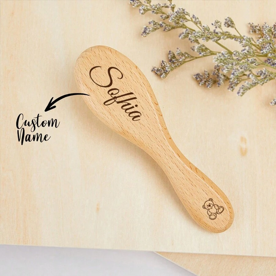 1pc Personalized Laser Engraved Wooden Flower Baby Hair Comb, Commemorative Gift, Christening Gift, Customized Baby Comb, Newborn Gift, Gift For New Moms, Customized Comb, Casual Street Fashion - Brown - View 1
