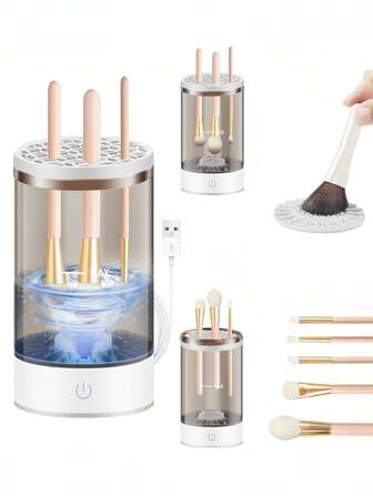 高效电动化妆刷清洁机，自动化妆刷清洁器，每次可清洁 3-4 支刷子，7000 RPM 确保彻底清洁，包括用于不对称尺寸刷子的硅胶垫、包、收纳袋、收纳盒、化妆品收纳盒、化妆品
