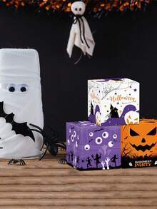 6 件万圣节糖果盒，万圣节装饰道具派对场景布置用品，橙色和黑色立体盒子，邪恶南瓜城堡图案，万圣节糖果零食包装 - 彩色 - 查看 4