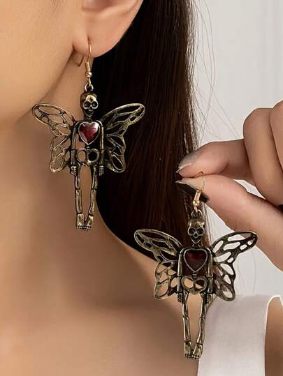 1 对哥特式复古夸张心形骷髅骨天使翼个性万圣节耳环，适合女士情人节、妈妈、母亲节、礼物