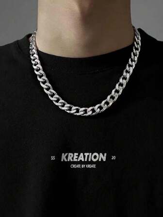 1pc Classic European & American Fashion Titanium Steel Men's Simple Versatile Cuban Link Chain Necklace, Hip-Hop Punk Style Choker, Won't Discolor
