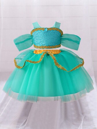 2pcs/Set Baby Girls' Off Shoulder Strap Mesh Skirt Party Outfit