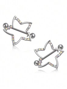 2pcs Nipple Ring Barbell Rhinestone Paved Star Shape Nipplerings Piercing Stainless Steel Nipple Rings Body Piercing Jewelry - Multicolor - View 9