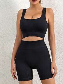 Seamless Ribbed Shock-Absorbing Sports Bra And Tight Shorts Set - Black - View 5