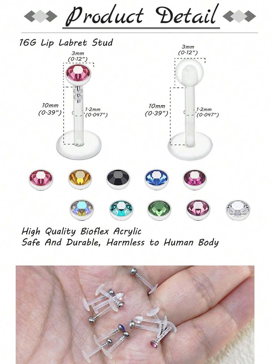 12pcs Plastic Lip Bars Acrylic Labret Studs 16G With Crystal Flexible