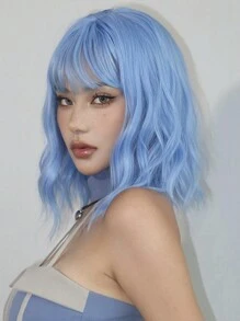 14 Inch Purple Wavy Synthetic Wig With Bangs Short Bob Purple Wigs Curly Wavy Shoulder Length Cosplay Wig Daily Colorful Wigs - Blue - View 5