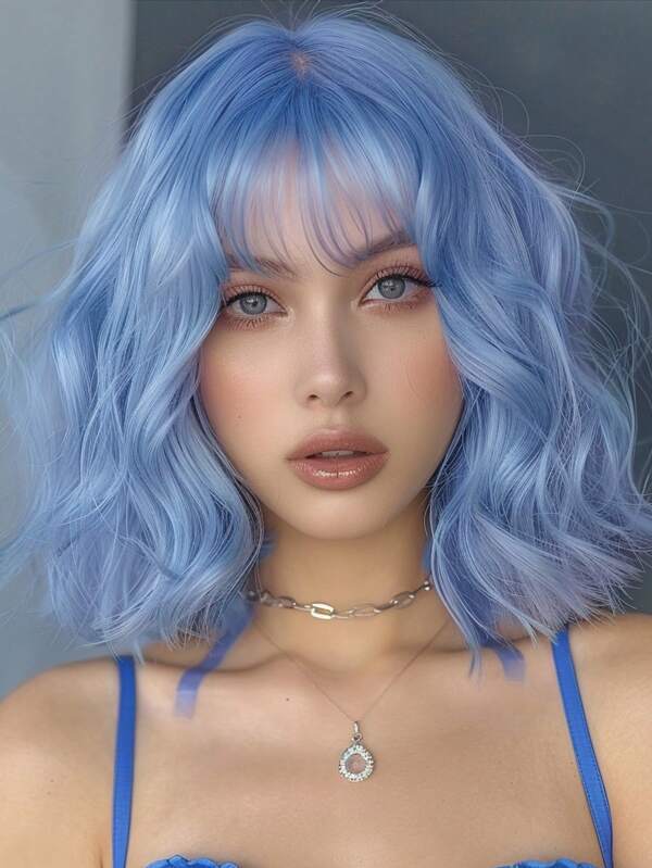 14 Inch Purple Wavy Synthetic Wig With Bangs Short Bob Purple Wigs Curly Wavy Shoulder Length Cosplay Wig Daily Colorful Wigs