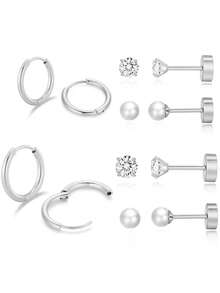 Ensemble de 6 paires de boucles d'oreilles pour cartilage pour femmes, boucles d'oreilles à boucle pour cartilage pour hommes et femmes aux oreilles sensibles, avec cubic zirconia cubique, perle, boule et dos plat pour plusieurs piercings - Boucles d'oreilles zircone - Voir 13