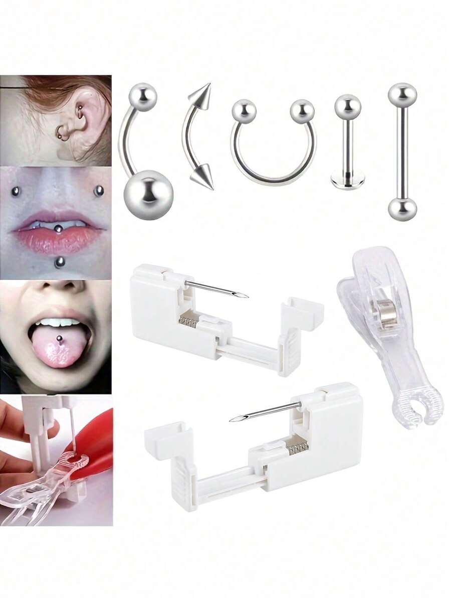 1 Set Professional Body Piercing Tool Kit: Nipple, Navel, Tongue, Eyebrow, Lip, Nose Piercing Gun, Easy To Use - Multicolor - View 1