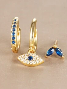 3pcs/Set Fashionable Cubic Zirconia & Evil Eye Decor Golden Earring For Women For Daily Decoration Holiday Wedding Party - 3-pack Earrings - View 4