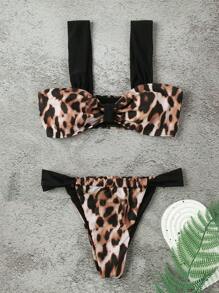 1set Women's Fashionable Printed Ruffle Bikini Swimwear Summer - Brown - View 2