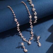 Conjunto elegante e sofisticado de 4 peças de colar, brincos e pulseira, jóias de noiva, adequado como presente para casamentos, aniversários e aniversários de mulheres, acessórios de vestido de noite - Conjunto de joias com 4 peças - Visão 11