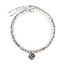 Vintage Compass Pendant Multi-Layer Faux Pearl Men's Necklace Set - Silver - View 3