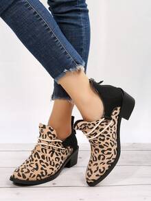 女士粉色豹纹粗跟踝靴 拼色短靴 - 彩色 - 查看 4