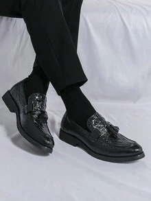 Men's Casual Loafers, Embossed Leather Shoes With Crocodile Pattern - Black - View 4