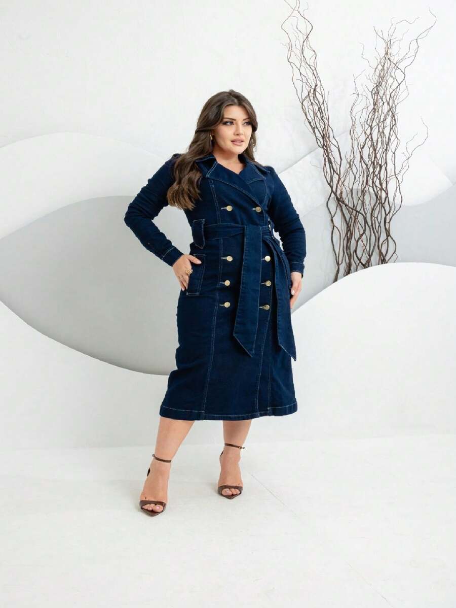 Women Denim Dresses - 深色水洗藍 - 查看 1
