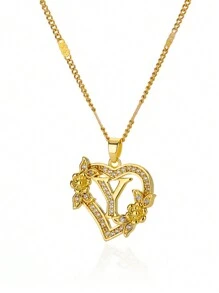 锆石心形花朵字母项链，金色，A-Z字母心形项链，婚礼珠宝礼物，情人节礼物，母亲节礼物 - 金黃色 - 查看 15