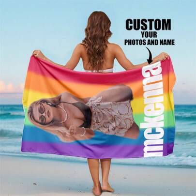 1pc Custom Photo & Name Beach Towel, Personalized Bath Towel, Adult Pool Towel, Bathing Towel, Vacation Gift, Beach Blanket, Multi-Functional, Adjustable, Reusable, Ornamental, Cute, Comfortable, Stylish, Soft For Valentine's Day, For Anniversaries, For Weddings, For Birthdays, For Father's Day, For Graduation, For Housewarming Summer Holiday Bathroom Decor Travel Essentials Travel Accessories Beach Essentials,Sunny Journey