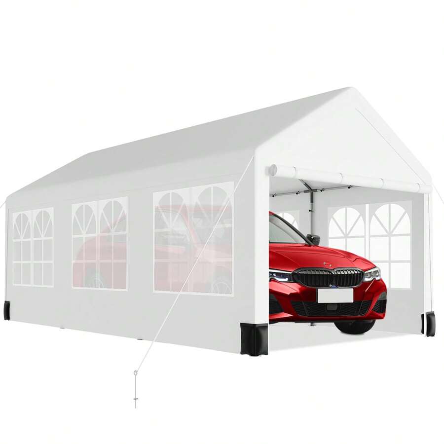 12 * 20 Heavy Duty Carport Canopy, Portable Car Tent Garage With 6 RollUp Windows And All