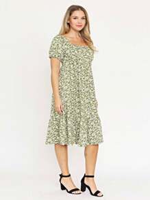 Boho Retro Ditsy Floral Flutter Puff Sleeve Square Neck Tiered Ruffle Tea Midi Length Classic Bridgerton Dress - màu xanh lá - Xem 2