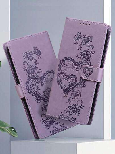 GLANDOTU Solid-Colour PU Leather Mobile Phone Case Magnetic Mobile Phone Case With Flip Wallet Slot, Protective Case Heart-Shaped Love Pattern Suitable For Multiple Mobile Phone Brands And Models Waterproof Shockproof Anti-Fall Scratch Resistant
