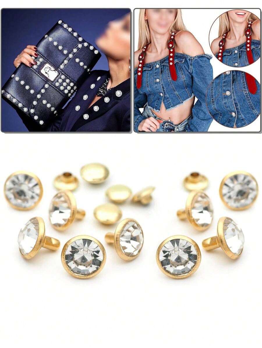 50Sets Light Gold Copper Based With White Clear Rhinestone Rivets Steampunk Funky Crystal Rivets Rapid Rhinestone Stud DIY Accessories Silver Color Rivets Fit Punk Rock DIY For Purse, Clothing, Wedding, Performance, Arts And Crafts - Gold - View 1