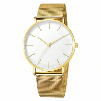 1pc Gold & White Quartz Wristwatch Ladies Fashion Elegant Metal Mesh Strap Large Dial Quartz Clock Women Watch,Ideal Choice For Gifts