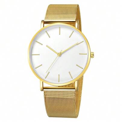 Reloj de pulsera de cuarzo dorado y blanco de 1 pieza con esfera grande y correa de malla de metal elegante para mujeres. Reloj de cuarzo con estilo para mujeres, opción ideal para regalos