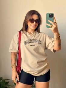 Women's Blouse Printed Tshirt 100% Cotton Round Neck T-Shirt California Usa Coast Streetwear T-Shirt Stylish Blogger Shirt 7016 - Màu Khaki - Xem 3