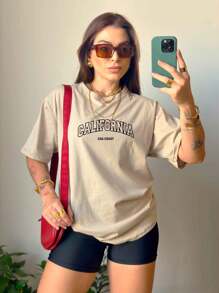 Women's Blouse Printed Tshirt 100% Cotton Round Neck T-Shirt California Usa Coast Streetwear T-Shirt Stylish Blogger Shirt 7016 - Màu Khaki - Xem 1