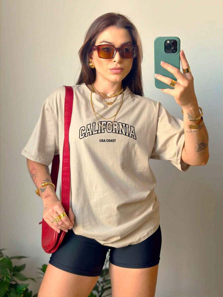 Women's Blouse Printed Tshirt 100% Cotton Round Neck T-Shirt California Usa Coast Streetwear T-Shirt Stylish Blogger Shirt 7016 - Màu Khaki - Xem 1