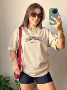 Women's Blouse Printed Tshirt 100% Cotton Round Neck T-Shirt California Usa Coast Streetwear T-Shirt Stylish Blogger Shirt 7016 - Màu Khaki - Xem 4