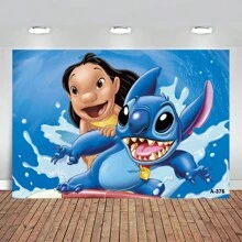 史迪奇1歲生日裝飾橫幅，生日快樂莉莉和史迪奇背景乙烯基粉色天使和史迪奇第一生日背景，適用於派對用品 - 米色 - 查看 1