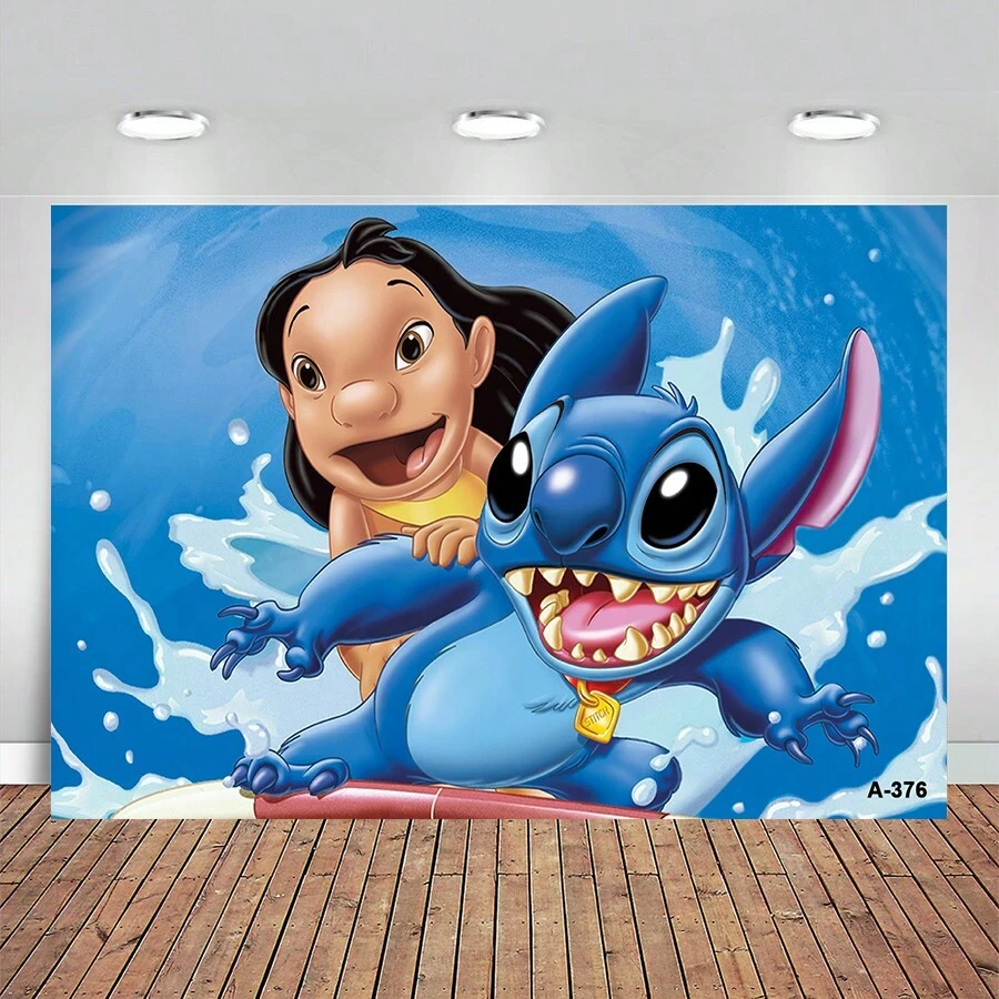 史迪奇1歲生日裝飾橫幅，生日快樂莉莉和史迪奇背景乙烯基粉色天使和史迪奇第一生日背景，適用於派對用品 - 米色 - 查看 1