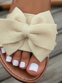 女士夏季蝴蝶结舒适平底凉鞋，休闲露趾时尚拖鞋，圆头面料户外沙滩鞋 - 米色 - 查看 7
