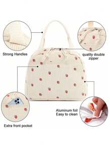 Lunch Bag, For Women Men Cute Corduroy Lunch Tote Bags Reusable Insulated Lunch Box Large Capacity Reusable Insulated Cooler For Work Picnic Or Travel (Corduroy Strawberry) - Multicolor - View 3