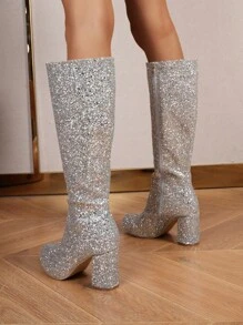 Women's Fashionable Party Personality Glitter Silver Rhinestone Perfect With Cardigan, Over The Knee Boots