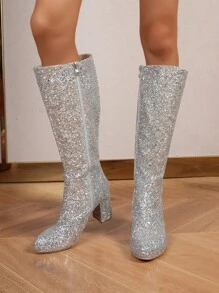 Women's Fashionable Party Personality Glitter Silver Rhinestone Perfect With Cardigan, Over The Knee Boots