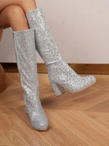 Women's Fashionable Party Personality Glitter Silver Rhinestone Perfect With Cardigan, Over The Knee Boots