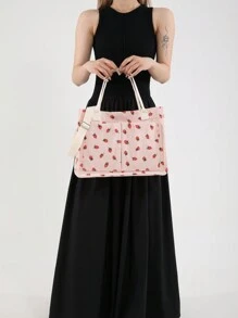 Bolso de tela con estampado de fresa, bolso de mano adorable con frutas, bolso de hombro, incluye correa larga ajustable para opción de cruzado para San Valentín - Rosa - Ver 10