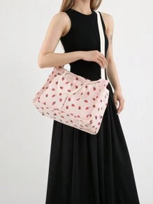 Bolso de tela con estampado de fresa, bolso de mano adorable con frutas, bolso de hombro, incluye correa larga ajustable para opción de cruzado para San Valentín - Rosa - Ver 13