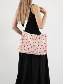 Bolso de tela con estampado de fresa, bolso de mano adorable con frutas, bolso de hombro, incluye correa larga ajustable para opción de cruzado para San Valentín - Rosa - Ver 12